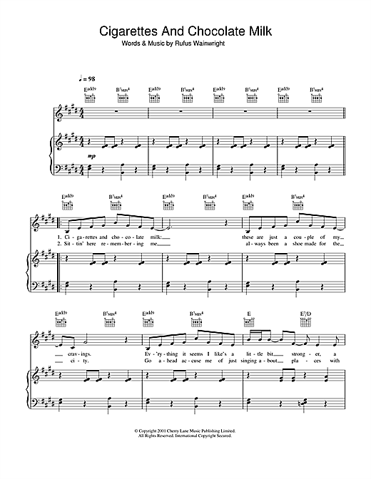 Preview Rufus Wainwright Cigarettes And Chocolate Milk Pop sheet music, notes and chords for Piano, Vocal & Guitar, SKU: 34118 sheet music, piano notes, chords, guitar tabs, score, transpose, transcribe, how to play, guide, download, learn, tutorial, progression, song, artist, awards, billboard, mtv, vh1, tour, single, album, release