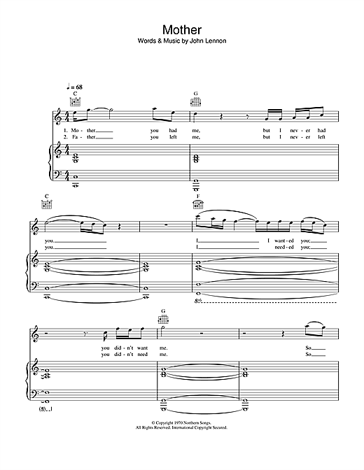 Preview John Lennon Mother Pop sheet music, notes and chords for Piano, Vocal & Guitar, SKU: 34123 sheet music, piano notes, chords, guitar tabs, score, transpose, transcribe, how to play, guide, download, learn, tutorial, progression, song, artist, awards, billboard, mtv, vh1, tour, single, album, release