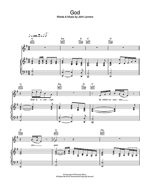 Preview John Lennon God Pop sheet music, notes and chords for Piano, Vocal & Guitar, SKU: 34124 sheet music, piano notes, chords, guitar tabs, score, transpose, transcribe, how to play, guide, download, learn, tutorial, progression, song, artist, awards, billboard, mtv, vh1, tour, single, album, release