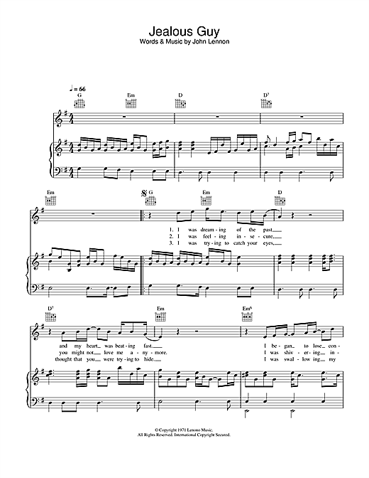Preview John Lennon Jealous Guy Pop sheet music, notes and chords for Piano, Vocal & Guitar, SKU: 34125 sheet music, piano notes, chords, guitar tabs, score, transpose, transcribe, how to play, guide, download, learn, tutorial, progression, song, artist, awards, billboard, mtv, vh1, tour, single, album, release