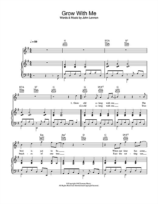 Preview John Lennon Grow Old With Me Pop sheet music, notes and chords for Piano, Vocal & Guitar, SKU: 34128 sheet music, piano notes, chords, guitar tabs, score, transpose, transcribe, how to play, guide, download, learn, tutorial, progression, song, artist, awards, billboard, mtv, vh1, tour, single, album, release