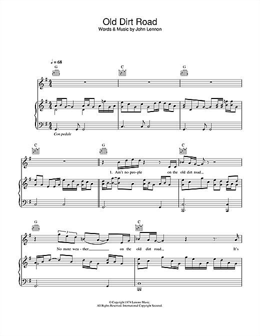 Preview John Lennon Old Dirt Road Pop sheet music, notes and chords for Piano, Vocal & Guitar, SKU: 34129 sheet music, piano notes, chords, guitar tabs, score, transpose, transcribe, how to play, guide, download, learn, tutorial, progression, song, artist, awards, billboard, mtv, vh1, tour, single, album, release