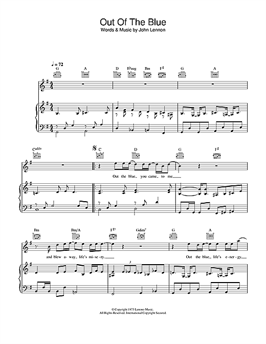 Preview John Lennon Out The Blue Pop sheet music, notes and chords for Piano, Vocal & Guitar, SKU: 34130 sheet music, piano notes, chords, guitar tabs, score, transpose, transcribe, how to play, guide, download, learn, tutorial, progression, song, artist, awards, billboard, mtv, vh1, tour, single, album, release
