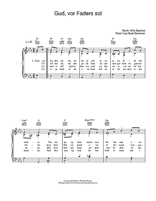 Preview Willy Egmose Gud, Vor Faders Sol Religious sheet music, notes and chords for Piano, Vocal & Guitar (Right-Hand Melody), SKU: 34134 sheet music, piano notes, chords, guitar tabs, score, transpose, transcribe, how to play, guide, download, learn, tutorial, progression, song, artist, awards, billboard, mtv, vh1, tour, single, album, release