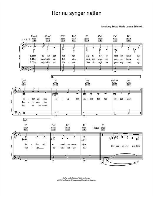 Preview Marie Louise Schmidt Hør Nu Synger Natten Folk sheet music, notes and chords for Piano, Vocal & Guitar (Right-Hand Melody), SKU: 34136 sheet music, piano notes, chords, guitar tabs, score, transpose, transcribe, how to play, guide, download, learn, tutorial, progression, song, artist, awards, billboard, mtv, vh1, tour, single, album, release