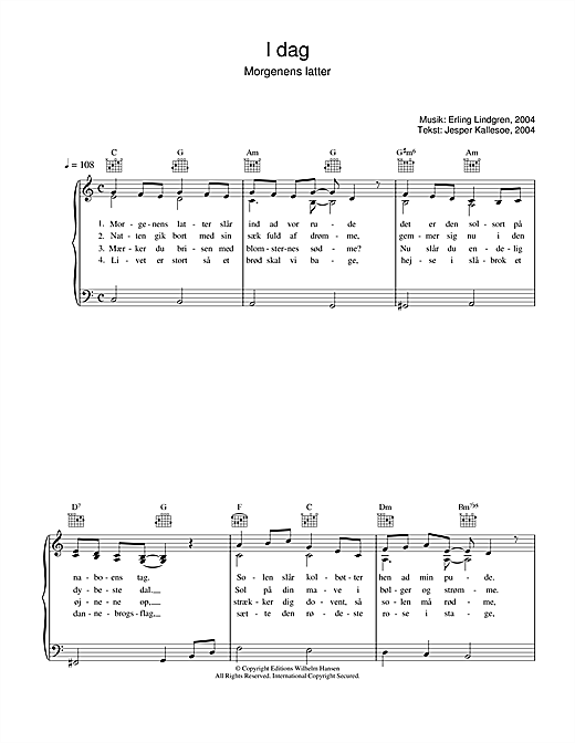 Preview Erling Lindgren I Dag Morgenens Latter Folk sheet music, notes and chords for Piano, Vocal & Guitar (Right-Hand Melody), SKU: 34137 sheet music, piano notes, chords, guitar tabs, score, transpose, transcribe, how to play, guide, download, learn, tutorial, progression, song, artist, awards, billboard, mtv, vh1, tour, single, album, release