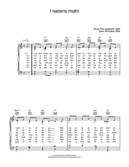 Preview Finn Jorgensen I Nattens Mulm Folk sheet music, notes and chords for Piano, Vocal & Guitar (Right-Hand Melody), SKU: 34138 sheet music, piano notes, chords, guitar tabs, score, transpose, transcribe, how to play, guide, download, learn, tutorial, progression, song, artist, awards, billboard, mtv, vh1, tour, single, album, release