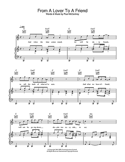 Preview Paul McCartney From A Lover To A Friend Rock sheet music, notes and chords for Piano, Vocal & Guitar (Right-Hand Melody), SKU: 34139 sheet music, piano notes, chords, guitar tabs, score, transpose, transcribe, how to play, guide, download, learn, tutorial, progression, song, artist, awards, billboard, mtv, vh1, tour, single, album, release