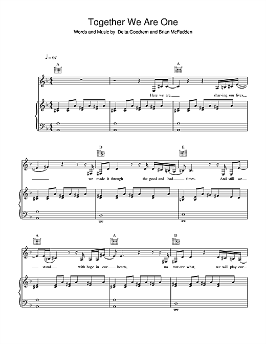 Preview Delta Goodrem Together We Are One Pop sheet music, notes and chords for Piano, Vocal & Guitar (Right-Hand Melody), SKU: 34141 sheet music, piano notes, chords, guitar tabs, score, transpose, transcribe, how to play, guide, download, learn, tutorial, progression, song, artist, awards, billboard, mtv, vh1, tour, single, album, release
