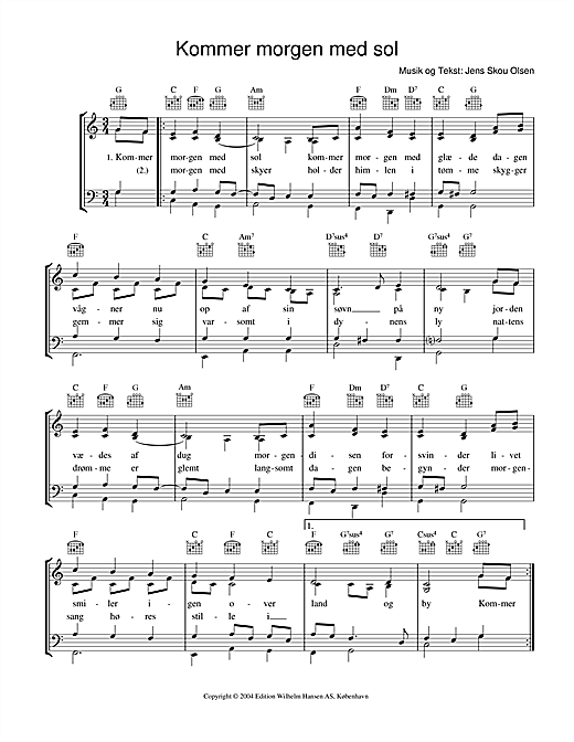 Preview Jens Skou Olsen Kommer Morgen Med Sol Folk sheet music, notes and chords for Piano, Vocal & Guitar (Right-Hand Melody), SKU: 34144 sheet music, piano notes, chords, guitar tabs, score, transpose, transcribe, how to play, guide, download, learn, tutorial, progression, song, artist, awards, billboard, mtv, vh1, tour, single, album, release