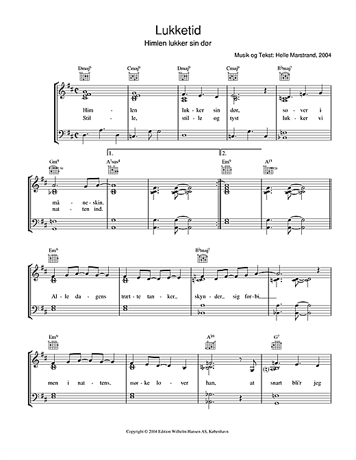 Preview Helle Marstrand Lukketid Folk sheet music, notes and chords for Piano, Vocal & Guitar (Right-Hand Melody), SKU: 34145 sheet music, piano notes, chords, guitar tabs, score, transpose, transcribe, how to play, guide, download, learn, tutorial, progression, song, artist, awards, billboard, mtv, vh1, tour, single, album, release