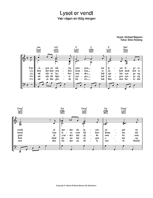 Preview Michael Bojesen Lyset Er Vendt Folk sheet music, notes and chords for Piano, Vocal & Guitar (Right-Hand Melody), SKU: 34146 sheet music, piano notes, chords, guitar tabs, score, transpose, transcribe, how to play, guide, download, learn, tutorial, progression, song, artist, awards, billboard, mtv, vh1, tour, single, album, release