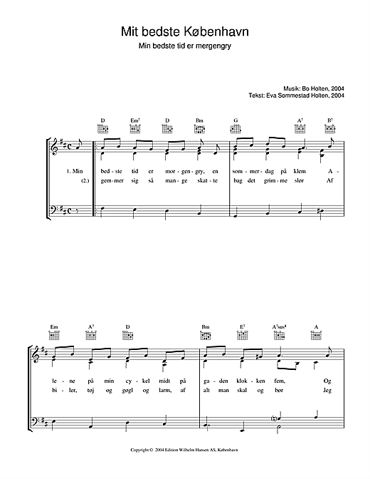 Preview Bo Holten Mit Bedste København Folk sheet music, notes and chords for Piano, Vocal & Guitar (Right-Hand Melody), SKU: 34148 sheet music, piano notes, chords, guitar tabs, score, transpose, transcribe, how to play, guide, download, learn, tutorial, progression, song, artist, awards, billboard, mtv, vh1, tour, single, album, release