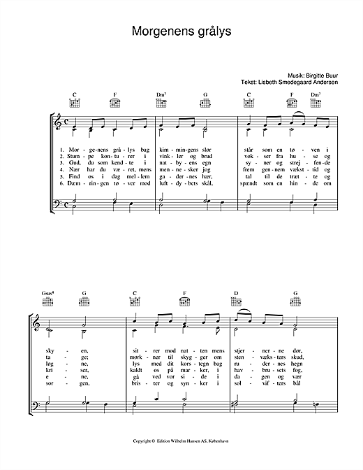 Preview Birgitte Buur Morgenens Grålys Folk sheet music, notes and chords for Piano, Vocal & Guitar (Right-Hand Melody), SKU: 34149 sheet music, piano notes, chords, guitar tabs, score, transpose, transcribe, how to play, guide, download, learn, tutorial, progression, song, artist, awards, billboard, mtv, vh1, tour, single, album, release