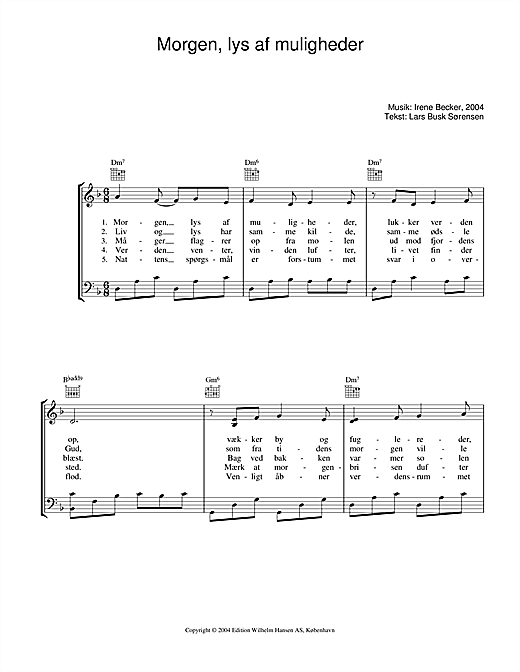 Preview Irene Becker Morgen, Lys Af Muligheder Folk sheet music, notes and chords for Piano, Vocal & Guitar (Right-Hand Melody), SKU: 34151 sheet music, piano notes, chords, guitar tabs, score, transpose, transcribe, how to play, guide, download, learn, tutorial, progression, song, artist, awards, billboard, mtv, vh1, tour, single, album, release