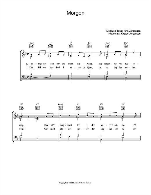 Preview Finn Jorgensen Morgen Folk sheet music, notes and chords for Piano, Vocal & Guitar (Right-Hand Melody), SKU: 34152 sheet music, piano notes, chords, guitar tabs, score, transpose, transcribe, how to play, guide, download, learn, tutorial, progression, song, artist, awards, billboard, mtv, vh1, tour, single, album, release