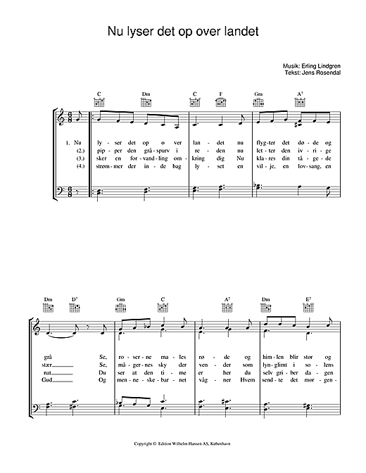 Preview Erling Lindgren Nu Lyser Det Op Over Landet Folk sheet music, notes and chords for Piano, Vocal & Guitar (Right-Hand Melody), SKU: 34153 sheet music, piano notes, chords, guitar tabs, score, transpose, transcribe, how to play, guide, download, learn, tutorial, progression, song, artist, awards, billboard, mtv, vh1, tour, single, album, release