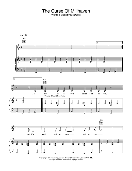 Preview Nick Cave The Curse Of Millhaven Rock sheet music, notes and chords for Piano, Vocal & Guitar, SKU: 34157 sheet music, piano notes, chords, guitar tabs, score, transpose, transcribe, how to play, guide, download, learn, tutorial, progression, song, artist, awards, billboard, mtv, vh1, tour, single, album, release