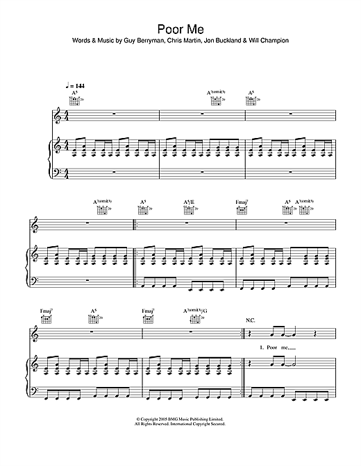 Preview Coldplay Poor Me Rock sheet music, notes and chords for Piano, Vocal & Guitar (Right-Hand Melody), SKU: 34159 sheet music, piano notes, chords, guitar tabs, score, transpose, transcribe, how to play, guide, download, learn, tutorial, progression, song, artist, awards, billboard, mtv, vh1, tour, single, album, release