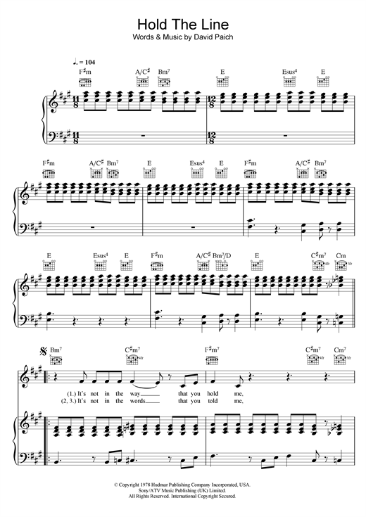 Preview Toto Hold The Line Rock sheet music, notes and chords for Piano, Vocal & Guitar, SKU: 34160 sheet music, piano notes, chords, guitar tabs, score, transpose, transcribe, how to play, guide, download, learn, tutorial, progression, song, artist, awards, billboard, mtv, vh1, tour, single, album, release