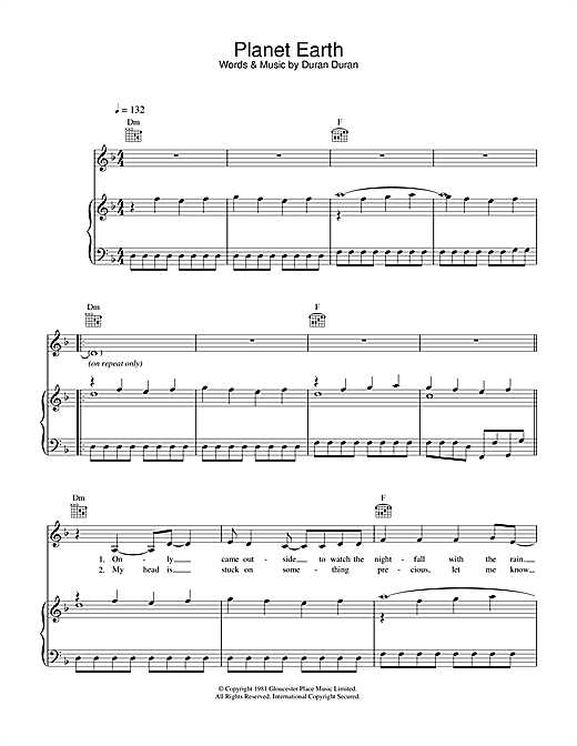 Preview Duran Duran Planet Earth Pop sheet music, notes and chords for Piano, Vocal & Guitar (Right-Hand Melody), SKU: 34161 sheet music, piano notes, chords, guitar tabs, score, transpose, transcribe, how to play, guide, download, learn, tutorial, progression, song, artist, awards, billboard, mtv, vh1, tour, single, album, release