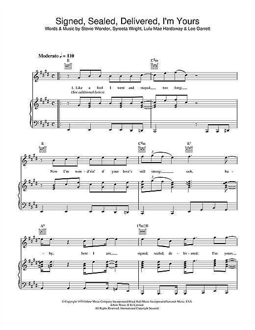 Preview Stevie Wonder Signed, Sealed, Delivered I'm Yours Soul sheet music, notes and chords for Piano, Vocal & Guitar (Right-Hand Melody), SKU: 34164 sheet music, piano notes, chords, guitar tabs, score, transpose, transcribe, how to play, guide, download, learn, tutorial, progression, song, artist, awards, billboard, mtv, vh1, tour, single, album, release
