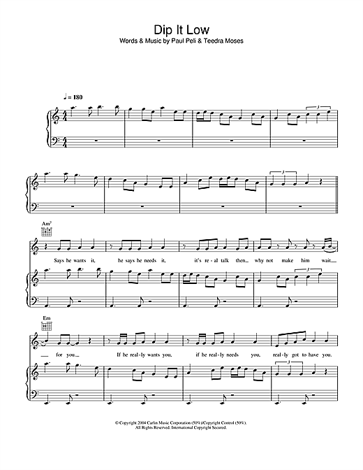 Preview Christina Milian Dip It Low R & B sheet music, notes and chords for Piano, Vocal & Guitar (Right-Hand Melody), SKU: 34165 sheet music, piano notes, chords, guitar tabs, score, transpose, transcribe, how to play, guide, download, learn, tutorial, progression, song, artist, awards, billboard, mtv, vh1, tour, single, album, release