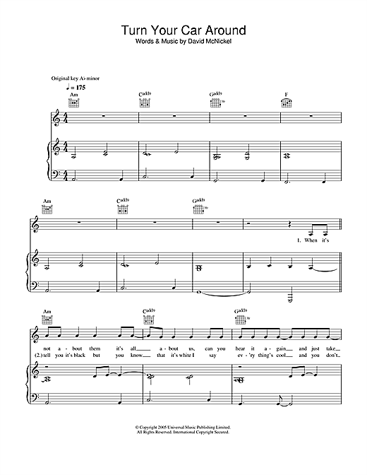 Preview Lee Ryan Turn Your Car Around R & B sheet music, notes and chords for Piano, Vocal & Guitar, SKU: 34166 sheet music, piano notes, chords, guitar tabs, score, transpose, transcribe, how to play, guide, download, learn, tutorial, progression, song, artist, awards, billboard, mtv, vh1, tour, single, album, release
