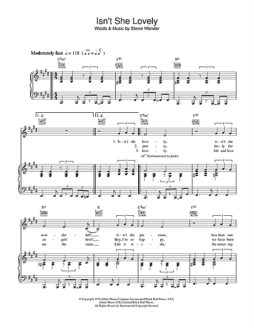 Preview Stevie Wonder Isn't She Lovely Soul sheet music, notes and chords for Piano, Vocal & Guitar (Right-Hand Melody), SKU: 34168 sheet music, piano notes, chords, guitar tabs, score, transpose, transcribe, how to play, guide, download, learn, tutorial, progression, song, artist, awards, billboard, mtv, vh1, tour, single, album, release