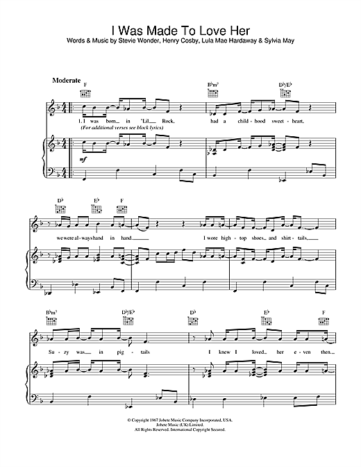 Preview Stevie Wonder I Was Made To Love Her Soul sheet music, notes and chords for Piano, Vocal & Guitar (Right-Hand Melody), SKU: 34169 sheet music, piano notes, chords, guitar tabs, score, transpose, transcribe, how to play, guide, download, learn, tutorial, progression, song, artist, awards, billboard, mtv, vh1, tour, single, album, release