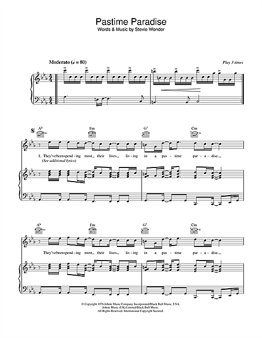 Preview Stevie Wonder Pastime Paradise Soul sheet music, notes and chords for Piano, Vocal & Guitar (Right-Hand Melody), SKU: 34172 sheet music, piano notes, chords, guitar tabs, score, transpose, transcribe, how to play, guide, download, learn, tutorial, progression, song, artist, awards, billboard, mtv, vh1, tour, single, album, release
