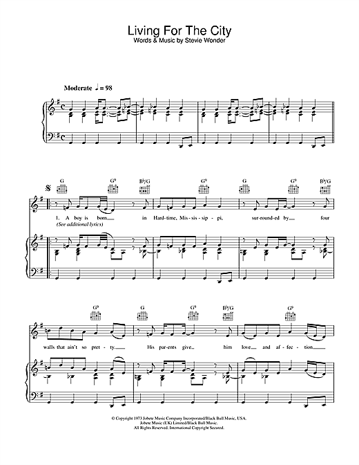 Preview Stevie Wonder Living For The City Soul sheet music, notes and chords for Piano, Vocal & Guitar (Right-Hand Melody), SKU: 34175 sheet music, piano notes, chords, guitar tabs, score, transpose, transcribe, how to play, guide, download, learn, tutorial, progression, song, artist, awards, billboard, mtv, vh1, tour, single, album, release