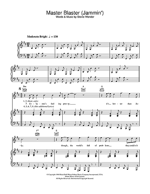 Preview Stevie Wonder Master Blaster (Jammin') Soul sheet music, notes and chords for Piano, Vocal & Guitar, SKU: 34176 sheet music, piano notes, chords, guitar tabs, score, transpose, transcribe, how to play, guide, download, learn, tutorial, progression, song, artist, awards, billboard, mtv, vh1, tour, single, album, release