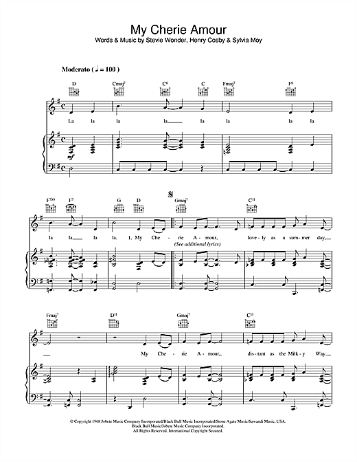 Preview Stevie Wonder My Cherie Amour Soul sheet music, notes and chords for Piano, Vocal & Guitar (Right-Hand Melody), SKU: 34177 sheet music, piano notes, chords, guitar tabs, score, transpose, transcribe, how to play, guide, download, learn, tutorial, progression, song, artist, awards, billboard, mtv, vh1, tour, single, album, release