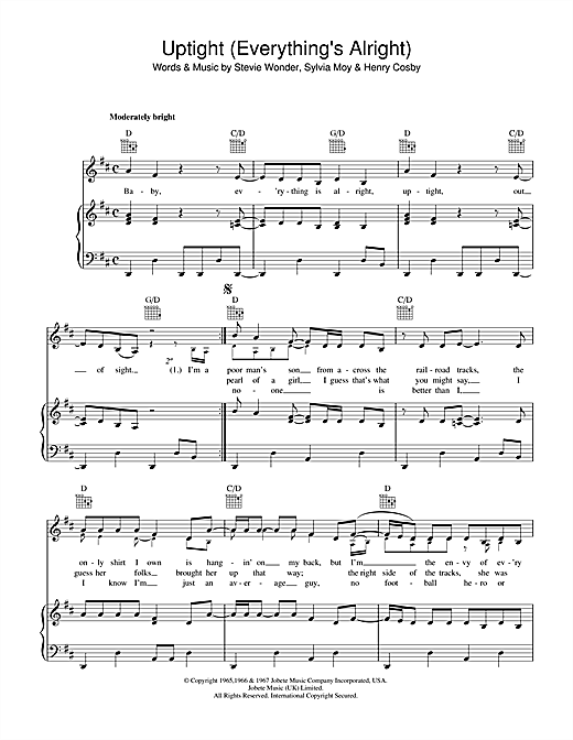 Preview Stevie Wonder Uptight (Everything's Alright) Soul sheet music, notes and chords for Piano, Vocal & Guitar (Right-Hand Melody), SKU: 34178 sheet music, piano notes, chords, guitar tabs, score, transpose, transcribe, how to play, guide, download, learn, tutorial, progression, song, artist, awards, billboard, mtv, vh1, tour, single, album, release