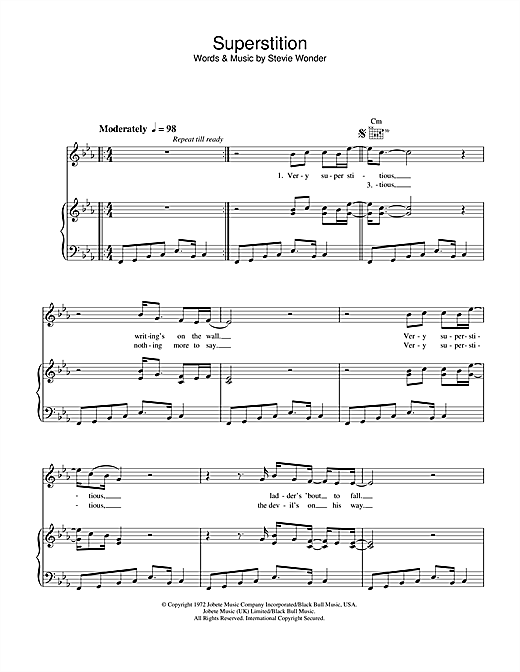 Preview Stevie Wonder Superstition Soul sheet music, notes and chords for Piano, Vocal & Guitar (Right-Hand Melody), SKU: 34180 sheet music, piano notes, chords, guitar tabs, score, transpose, transcribe, how to play, guide, download, learn, tutorial, progression, song, artist, awards, billboard, mtv, vh1, tour, single, album, release