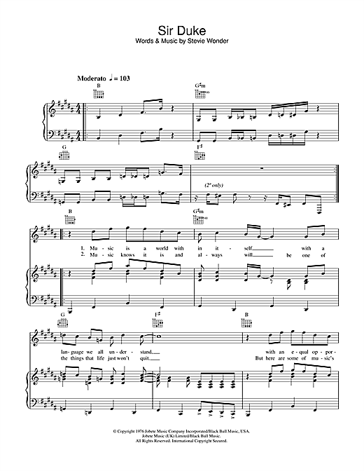 Preview Stevie Wonder Sir Duke Soul sheet music, notes and chords for Piano, Vocal & Guitar (Right-Hand Melody), SKU: 34181 sheet music, piano notes, chords, guitar tabs, score, transpose, transcribe, how to play, guide, download, learn, tutorial, progression, song, artist, awards, billboard, mtv, vh1, tour, single, album, release