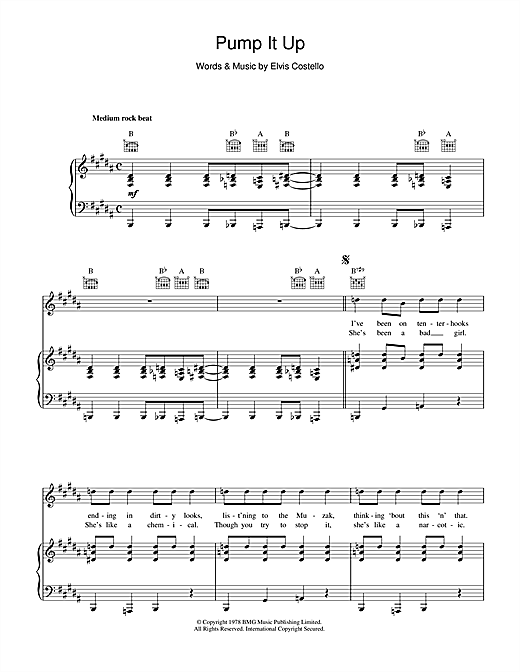 Preview Elvis Costello Pump It Up Pop sheet music, notes and chords for Piano, Vocal & Guitar (Right-Hand Melody), SKU: 34182 sheet music, piano notes, chords, guitar tabs, score, transpose, transcribe, how to play, guide, download, learn, tutorial, progression, song, artist, awards, billboard, mtv, vh1, tour, single, album, release