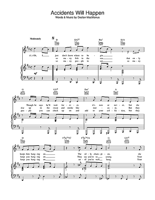 Preview Elvis Costello Accidents Will Happen Pop sheet music, notes and chords for Piano, Vocal & Guitar (Right-Hand Melody), SKU: 34183 sheet music, piano notes, chords, guitar tabs, score, transpose, transcribe, how to play, guide, download, learn, tutorial, progression, song, artist, awards, billboard, mtv, vh1, tour, single, album, release