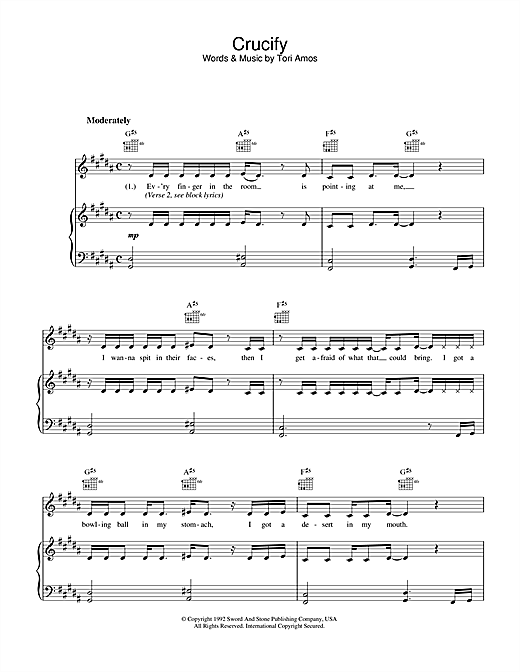 Preview Tori Amos Crucify Pop sheet music, notes and chords for Piano, Vocal & Guitar (Right-Hand Melody), SKU: 34184 sheet music, piano notes, chords, guitar tabs, score, transpose, transcribe, how to play, guide, download, learn, tutorial, progression, song, artist, awards, billboard, mtv, vh1, tour, single, album, release