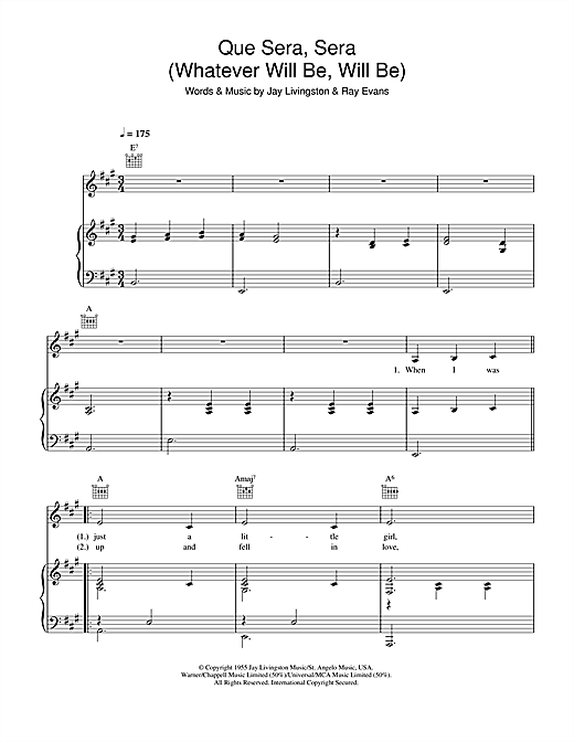 Preview Doris Day Que Sera, Sera (Whatever Will Be, Will Be) Easy Listening sheet music, notes and chords for Piano, Vocal & Guitar (Right-Hand Melody), SKU: 34188 sheet music, piano notes, chords, guitar tabs, score, transpose, transcribe, how to play, guide, download, learn, tutorial, progression, song, artist, awards, billboard, mtv, vh1, tour, single, album, release