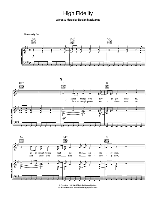 Preview Elvis Costello High Fidelity Pop sheet music, notes and chords for Piano, Vocal & Guitar (Right-Hand Melody), SKU: 34190 sheet music, piano notes, chords, guitar tabs, score, transpose, transcribe, how to play, guide, download, learn, tutorial, progression, song, artist, awards, billboard, mtv, vh1, tour, single, album, release