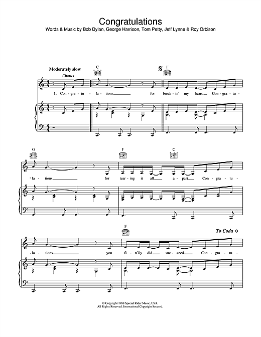 Preview Bob Dylan Congratulations Rock sheet music, notes and chords for Piano, Vocal & Guitar (Right-Hand Melody), SKU: 34191 sheet music, piano notes, chords, guitar tabs, score, transpose, transcribe, how to play, guide, download, learn, tutorial, progression, song, artist, awards, billboard, mtv, vh1, tour, single, album, release