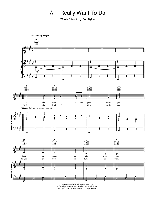 Preview Bob Dylan All I Really Want To Do Rock sheet music, notes and chords for Piano, Vocal & Guitar (Right-Hand Melody), SKU: 34192 sheet music, piano notes, chords, guitar tabs, score, transpose, transcribe, how to play, guide, download, learn, tutorial, progression, song, artist, awards, billboard, mtv, vh1, tour, single, album, release