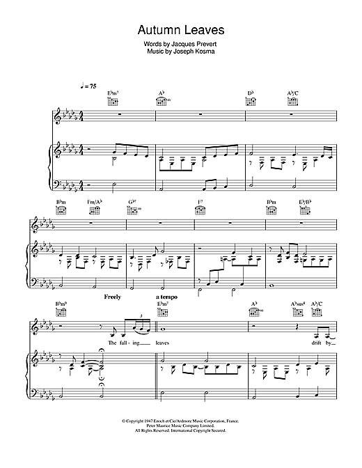 Preview Eva Cassidy Autumn Leaves (Les Feuilles Mortes) Jazz sheet music, notes and chords for Piano, Vocal & Guitar, SKU: 34193 sheet music, piano notes, chords, guitar tabs, score, transpose, transcribe, how to play, guide, download, learn, tutorial, progression, song, artist, awards, billboard, mtv, vh1, tour, single, album, release