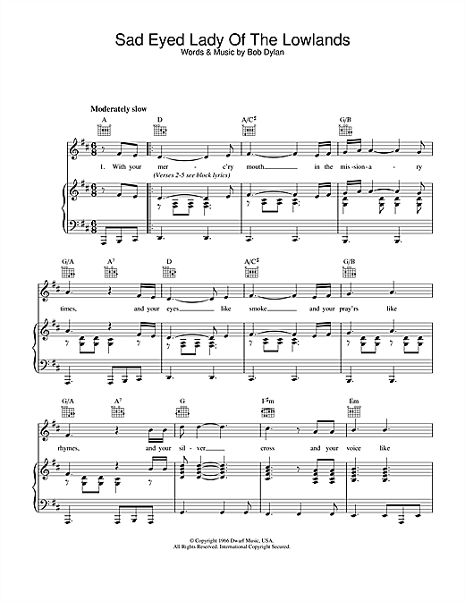 Preview Bob Dylan Sad Eyed Lady Of The Lowlands Rock sheet music, notes and chords for Piano, Vocal & Guitar (Right-Hand Melody), SKU: 34195 sheet music, piano notes, chords, guitar tabs, score, transpose, transcribe, how to play, guide, download, learn, tutorial, progression, song, artist, awards, billboard, mtv, vh1, tour, single, album, release