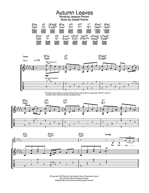Preview Eva Cassidy Autumn Leaves (Les Feuilles Mortes) Jazz sheet music, notes and chords for Guitar Tab, SKU: 34197 sheet music, piano notes, chords, guitar tabs, score, transpose, transcribe, how to play, guide, download, learn, tutorial, progression, song, artist, awards, billboard, mtv, vh1, tour, single, album, release