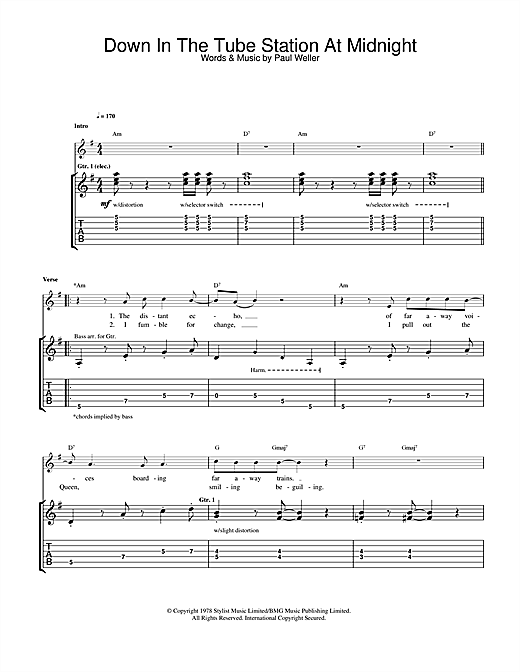 Preview The Jam Down In The Tube Station At Midnight Punk sheet music, notes and chords for Guitar Tab, SKU: 34198 sheet music, piano notes, chords, guitar tabs, score, transpose, transcribe, how to play, guide, download, learn, tutorial, progression, song, artist, awards, billboard, mtv, vh1, tour, single, album, release