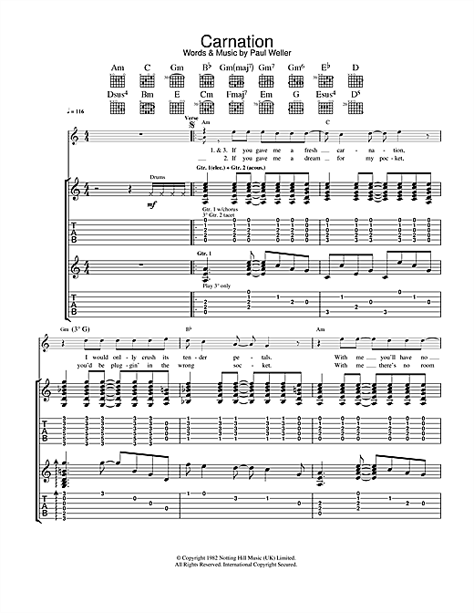 Preview The Jam Carnation Punk sheet music, notes and chords for Guitar Tab, SKU: 34200 sheet music, piano notes, chords, guitar tabs, score, transpose, transcribe, how to play, guide, download, learn, tutorial, progression, song, artist, awards, billboard, mtv, vh1, tour, single, album, release