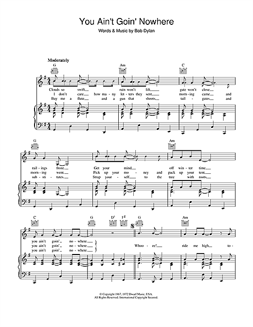 Preview Bob Dylan You Ain't Goin' Nowhere Rock sheet music, notes and chords for Piano, Vocal & Guitar (Right-Hand Melody), SKU: 34205 sheet music, piano notes, chords, guitar tabs, score, transpose, transcribe, how to play, guide, download, learn, tutorial, progression, song, artist, awards, billboard, mtv, vh1, tour, single, album, release